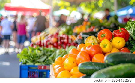 A market with a variety of fresh produce including tomatoes, peppers 125446259
