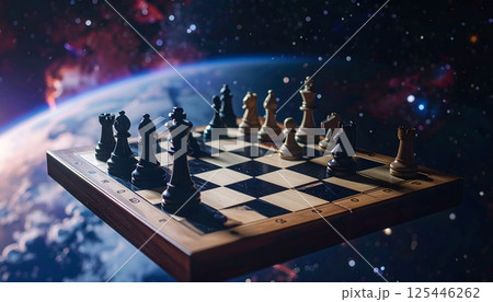 A chess board is floating in space with the pieces scattered around it 125446262