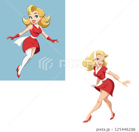 Vsai smiling stewardess walking and floating wearing red dress and white gloves 125446286