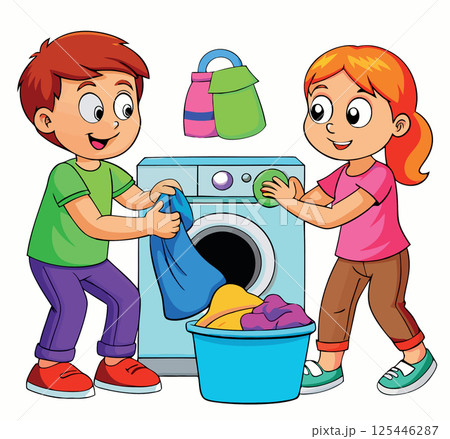 Vsai kids doing laundry chores with washing machine and laundry basket Vsai kids doing laundry chores with washing machine and laundry basket 125446287