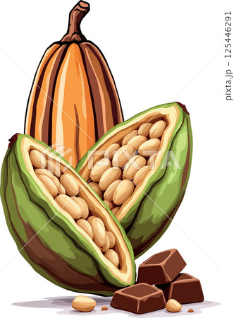 Vsai ripe cocoa pods and chocolate chunks depicting chocolate production 125446291