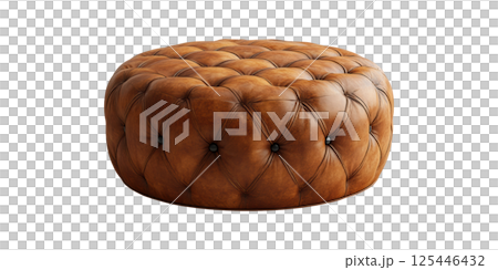 Round Brown Leather Ottoman With Tufted Design. Elegant Furniture Piece For Living Room Decor Isolated On Transparent Background Round Brown Leather Ottoman With Tufted Design. Elegant Furniture Piece For Living Room Decor Isolated On Transparent Background 125446432