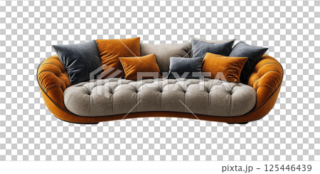 Luxurious Curved Sofa With Velvet Cushions. Modern Comfort And Style In Home Decor Isolated On Transparent Background 125446439