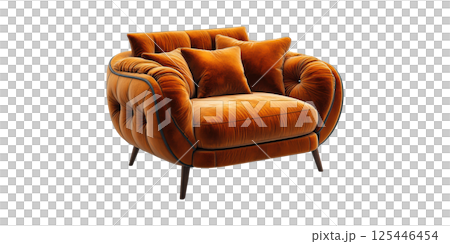 Luxurious Orange Velvet Armchair With Cushions. Elegant And Comfortable Seating For Modern Interiors Isolated On Transparent Background 125446454