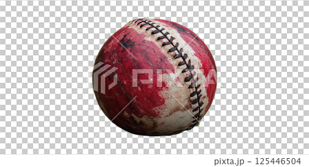 Worn Red Baseball With Stitches. Symbol Of Vintage Sports And Nostalgia Isolated On Transparent Background Worn Red Baseball With Stitches. Symbol Of Vintage Sports And Nostalgia Isolated On Transparent Background 125446504