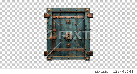 Antique Metal Vault Door With Rusted Details. Symbol Of Security And Historical Architecture Isolated On Transparent Background 125446541