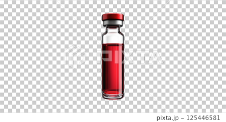 Glass Vial With Red Liquid And Red Cap. Medical Sample Or Laboratory Analysis Concept Isolated On Transparent Background Glass Vial With Red Liquid And Red Cap. Medical Sample Or Laboratory Analysis Concept Isolated On Transparent Background 125446581