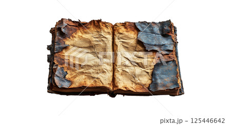 Ancient Burnt Book With Tattered Pages. Symbol Of History And Lost Knowledge Isolated On Transparent Background 125446642