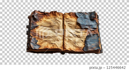Ancient Burnt Book With Tattered Pages. Symbol Of History And Lost Knowledge Isolated On Transparent Background 125446642