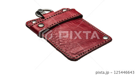 Red Leather Keychain Holder With Metal Rivets. Stylish Accessory For Keys And Small Items Isolated On Transparent Background 125446643