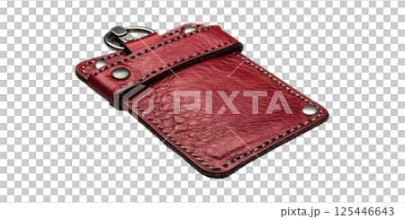 Red Leather Keychain Holder With Metal Rivets. Stylish Accessory For Keys And Small Items Isolated On Transparent Background 125446643