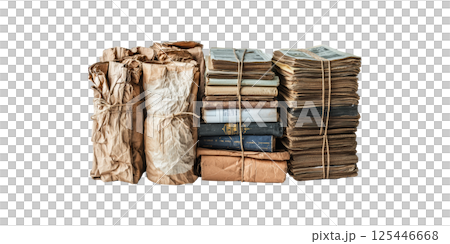 Bundles Of Vintage Books And Newspapers Tied With Twine. Historical Literature And Archival Preservation Isolated On Transparent Background 125446668