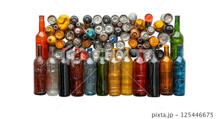 Recycled Bottles And Cans Collection. Environmental Awareness And Waste Management Concept Isolated On Transparent Background 125446675