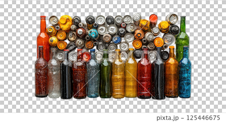 Recycled Bottles And Cans Collection. Environmental Awareness And Waste Management Concept Isolated On Transparent Background 125446675