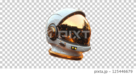 Astronaut Helmet With Golden Visor Reflecting Stars. Space Exploration And Futuristic Design Isolated On Transparent Background 125446679
