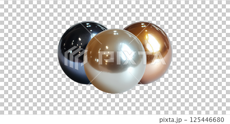 Three Metallic Spheres In Black, Silver, And Bronze. Reflective Surfaces And Modern Design Elements Isolated On Transparent Background 125446680