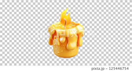 Melted Yellow Candle With Flame. Symbol Of Warmth And Ambiance Isolated On Transparent Background Melted Yellow Candle With Flame. Symbol Of Warmth And Ambiance Isolated On Transparent Background 125446754