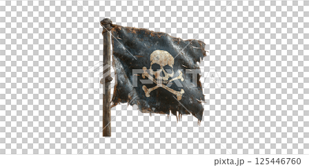 Tattered Pirate Flag With Skull And Crossbones. Symbol Of Adventure And Nautical History Isolated On Transparent Background Tattered Pirate Flag With Skull And Crossbones. Symbol Of Adventure And Nautical History Isolated On Transparent Background 125446760