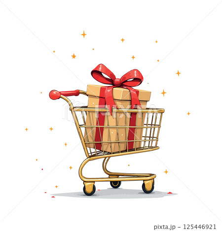 Vsai shopping cart carrying a gift box with red ribbon for special occasions Vsai shopping cart carrying a gift box with red ribbon for special occasions 125446921