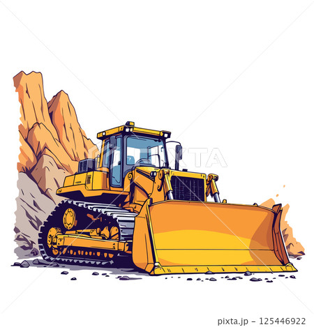Vsai powerful yellow bulldozer working on a construction site near rocky mountains 125446922