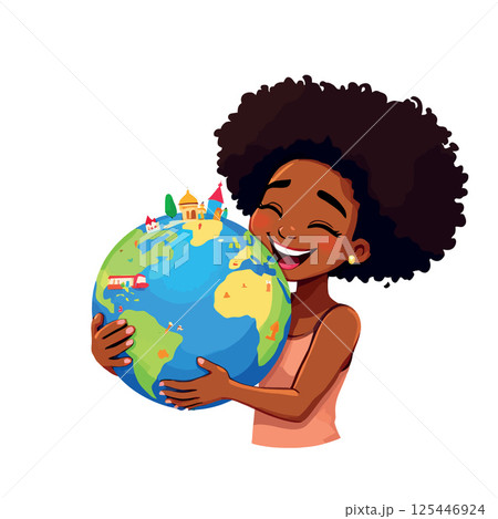 Vsai happy young girl hugging planet earth protecting environment 125446924