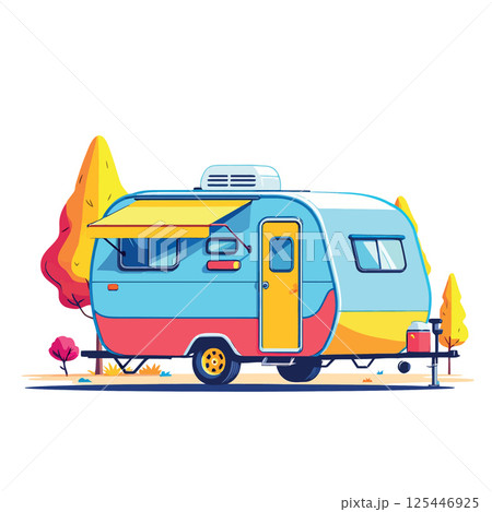 Vsai colorful camper van parked in scenic campground during autumn season Vsai colorful camper van parked in scenic campground during autumn season 125446925