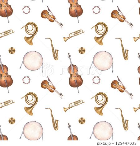 Watercolor musical percussion, string and wind instruments seamless pattern isolated background. Saxophone, French horn, double bass, violin, trumpet, tambourine illustration for textile, print. 125447035