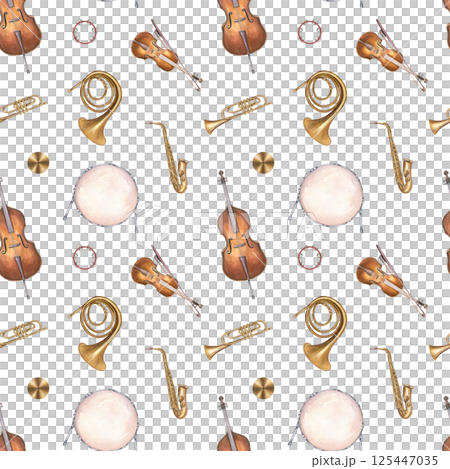 Watercolor musical percussion, string and wind instruments seamless pattern isolated background. Saxophone, French horn, double bass, violin, trumpet, tambourine illustration for textile, print. 125447035