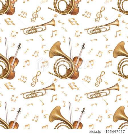 Classical music instruments and musical golden notes seamless pattern isolated background. Watercolor violin with bow, trumpet, French horn hand painted illustration concert posters, interior decor. 125447037