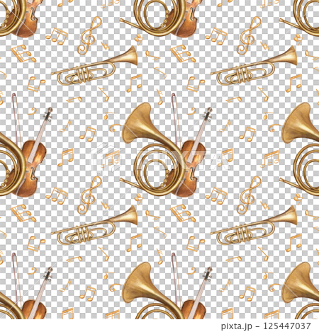 Classical music instruments and musical golden notes seamless pattern isolated background. Watercolor violin with bow, trumpet, French horn hand painted illustration concert posters, interior decor. 125447037