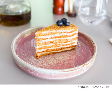 Honey cake with blueberries on plate in cafe, close-up. Dessert aesthetics, sweetness and cozy cafe indulgence Honey cake with blueberries on plate in cafe, close-up. Dessert aesthetics, sweetness and cozy cafe indulgence 125447046