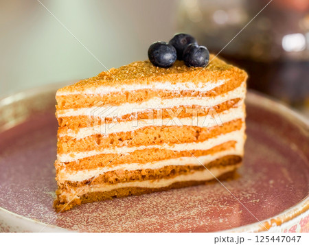 Closeup of layered honey cake with blueberries on ceramic plate. Dessert texture, taste sweet and bakery details 125447047