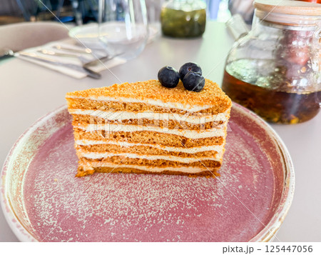 Closeup of layered honey cake with blueberries on ceramic plate. Dessert texture, taste sweet and bakery details 125447056