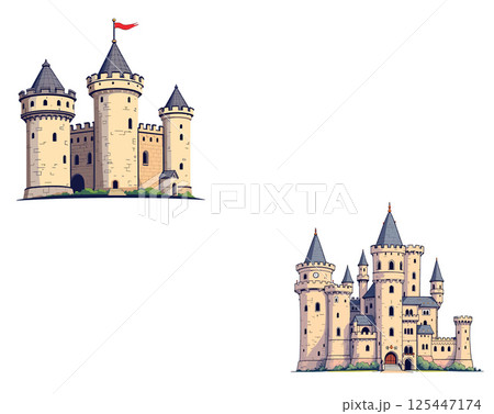 Vsai two medieval castles waving a red flag representing conquest and power 125447174