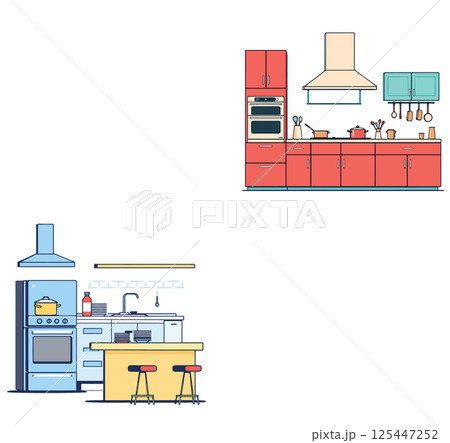 Vsai modern kitchen interior design with furniture and appliances showing cooking and eating areas 125447252