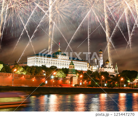 Moscow Kremlin and fireworks in honor of Victory Day celebration (WWII), Moscow, Russia-- the most popular view of Moscow 125447270