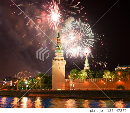 Moscow Kremlin and fireworks in honor of Victory Day celebration (WWII), Moscow, Russia-- the most popular view of Moscow Moscow Kremlin and fireworks in honor of Victory Day celebration (WWII), Moscow, Russia-- the most popular view of Moscow 125447273