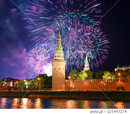 Moscow Kremlin and fireworks in honor of Victory Day celebration (WWII), Moscow, Russia-- the most popular view of Moscow Moscow Kremlin and fireworks in honor of Victory Day celebration (WWII), Moscow, Russia-- the most popular view of Moscow 125447274