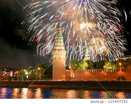 Moscow Kremlin and fireworks in honor of Victory Day celebration (WWII), Moscow, Russia-- the most popular view of Moscow Moscow Kremlin and fireworks in honor of Victory Day celebration (WWII), Moscow, Russia-- the most popular view of Moscow 125447282