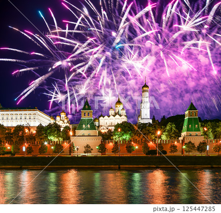 Moscow Kremlin and fireworks in honor of Victory Day celebration (WWII), Moscow, Russia-- the most popular view of Moscow Moscow Kremlin and fireworks in honor of Victory Day celebration (WWII), Moscow, Russia-- the most popular view of Moscow 125447285