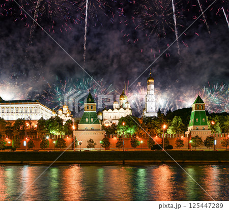Moscow Kremlin and fireworks in honor of Victory Day celebration (WWII), Moscow, Russia-- the most popular view of Moscow 125447289