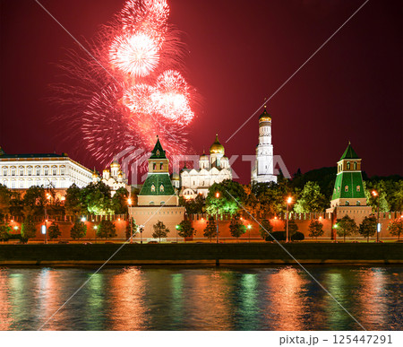 Moscow Kremlin and fireworks in honor of Victory Day celebration (WWII), Moscow, Russia-- the most popular view of Moscow Moscow Kremlin and fireworks in honor of Victory Day celebration (WWII), Moscow, Russia-- the most popular view of Moscow 125447291