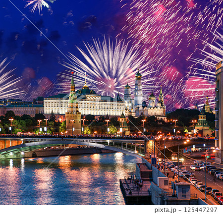 Moscow Kremlin and fireworks in honor of Victory Day celebration (WWII), Moscow, Russia-- the most popular view of Moscow 125447297