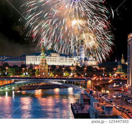 Moscow Kremlin and fireworks in honor of Victory Day celebration (WWII), Moscow, Russia-- the most popular view of Moscow 125447303