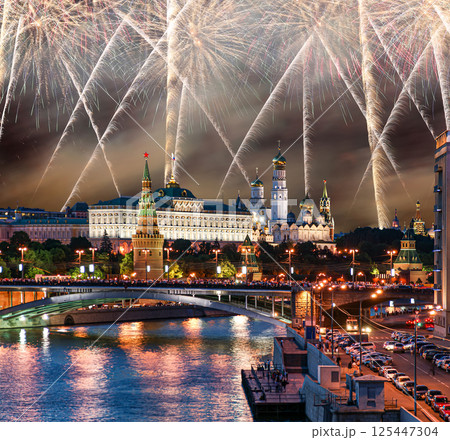 Moscow Kremlin and fireworks in honor of Victory Day celebration (WWII), Moscow, Russia-- the most popular view of Moscow 125447304