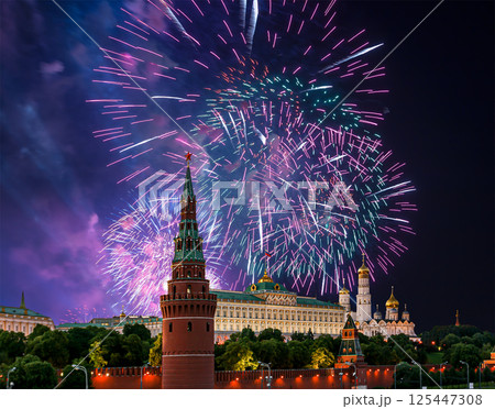 Moscow Kremlin and fireworks in honor of Victory Day celebration (WWII), Moscow, Russia-- the most popular view of Moscow Moscow Kremlin and fireworks in honor of Victory Day celebration (WWII), Moscow, Russia-- the most popular view of Moscow 125447308