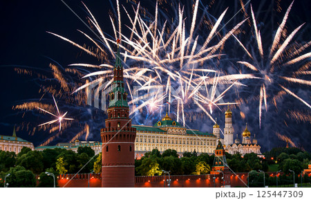 Moscow Kremlin and fireworks in honor of Victory Day celebration (WWII), Moscow, Russia-- the most popular view of Moscow Moscow Kremlin and fireworks in honor of Victory Day celebration (WWII), Moscow, Russia-- the most popular view of Moscow 125447309