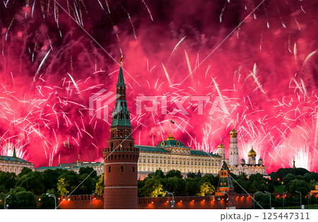 Moscow Kremlin and fireworks in honor of Victory Day celebration (WWII), Moscow, Russia-- the most popular view of Moscow 125447311