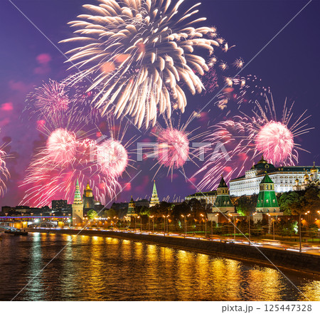 Moscow Kremlin and fireworks in honor of Victory Day celebration (WWII), Moscow, Russia-- the most popular view of Moscow 125447328