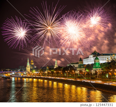 Moscow Kremlin and fireworks in honor of Victory Day celebration (WWII), Moscow, Russia-- the most popular view of Moscow 125447331